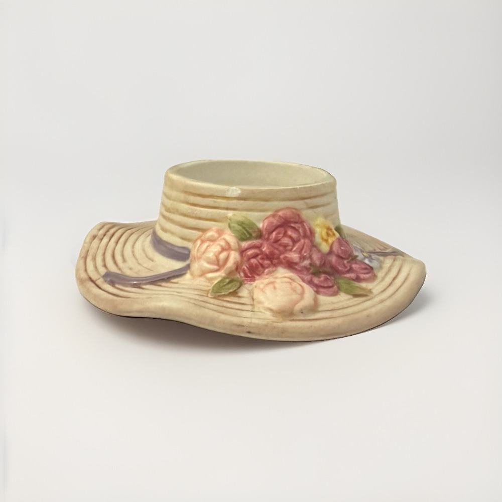 1980's Spring Floral Hat Decorative Candle Holder Ceramic READ